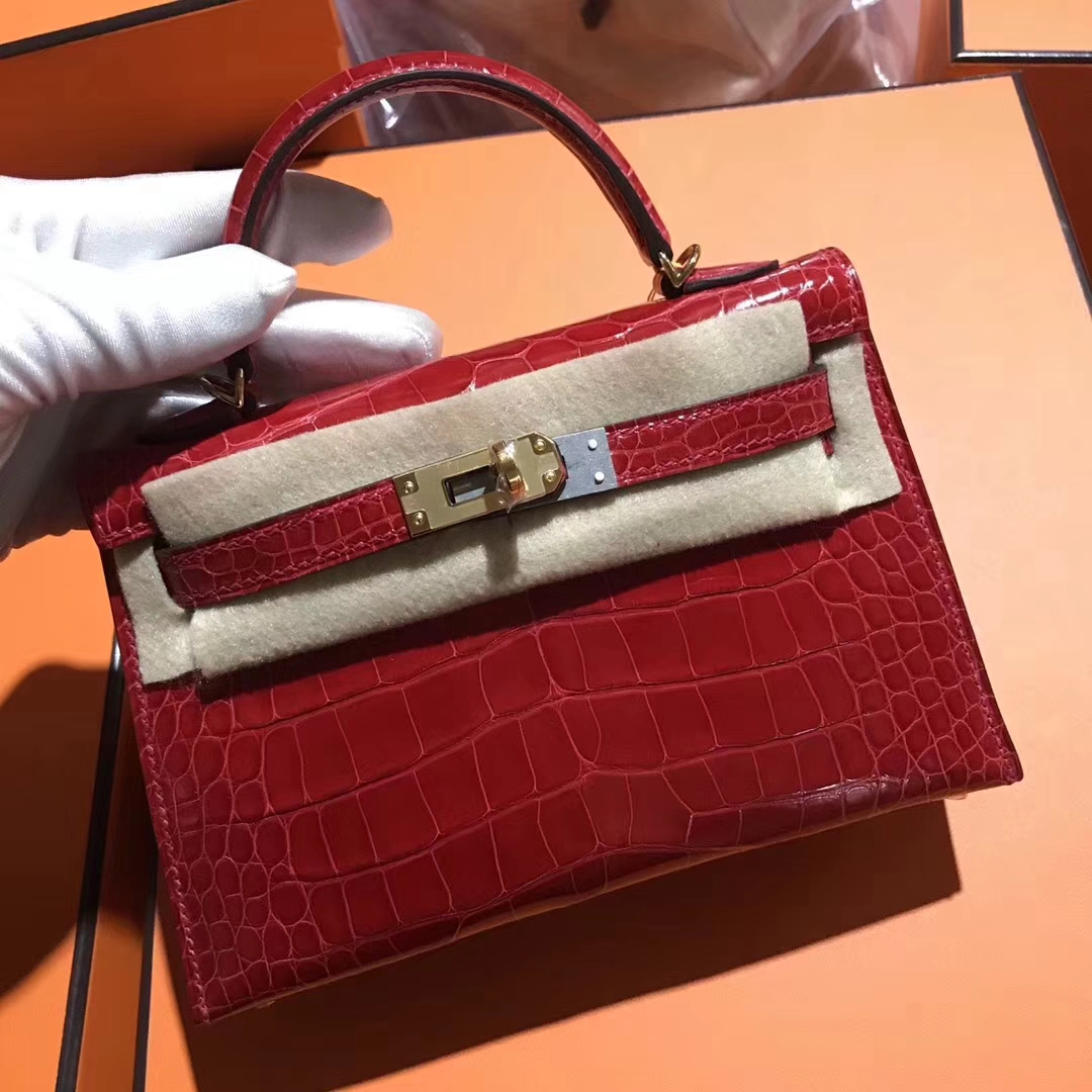 Hermès（爱马仕）Minikelly ll Alligator shiny 亮面鳄鱼  ck95 法拉利红 Braise 金扣 现货