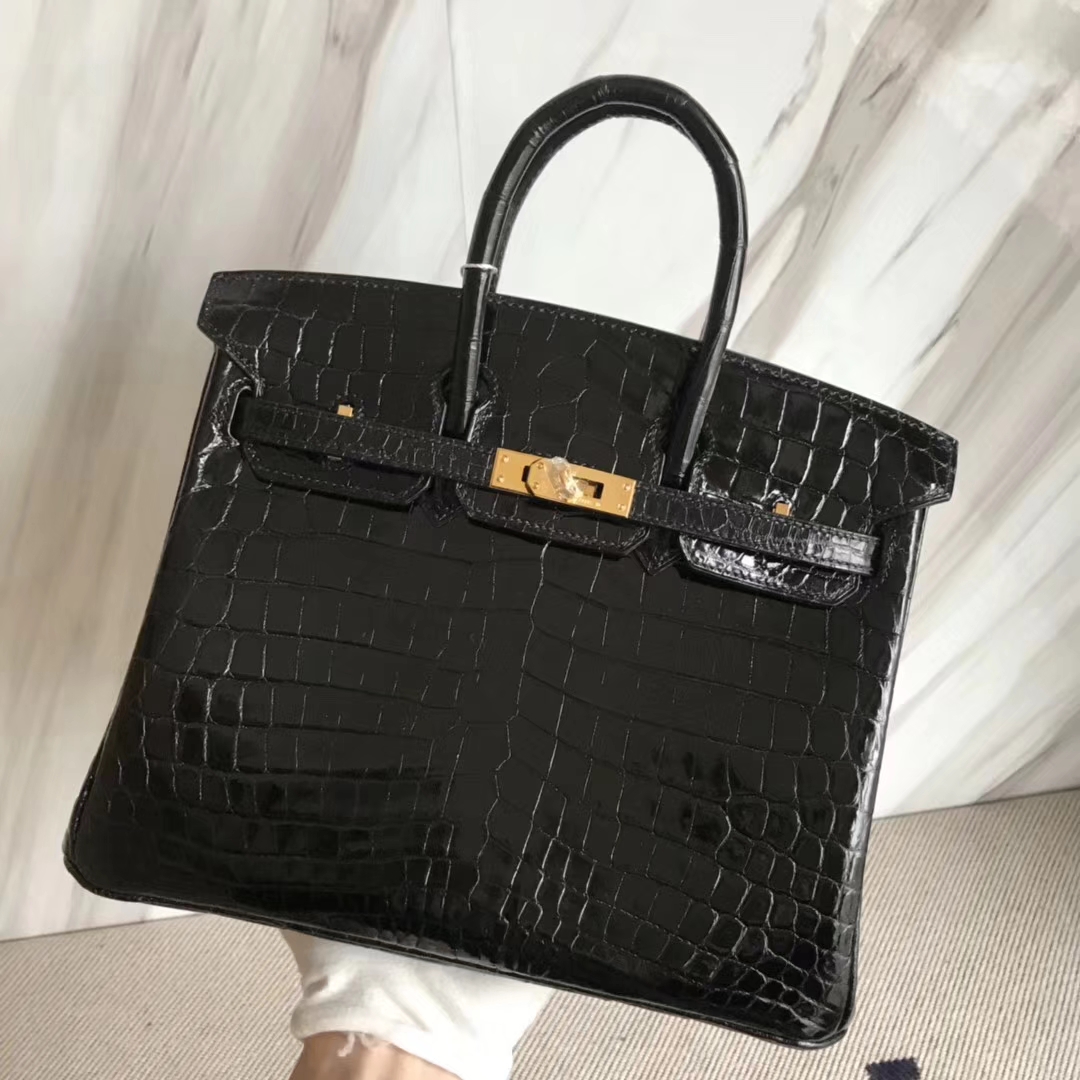 Hermès（爱马仕）Birkin25cm Crocodile shiny 亮面鳄鱼 ck89 黑色 金扣