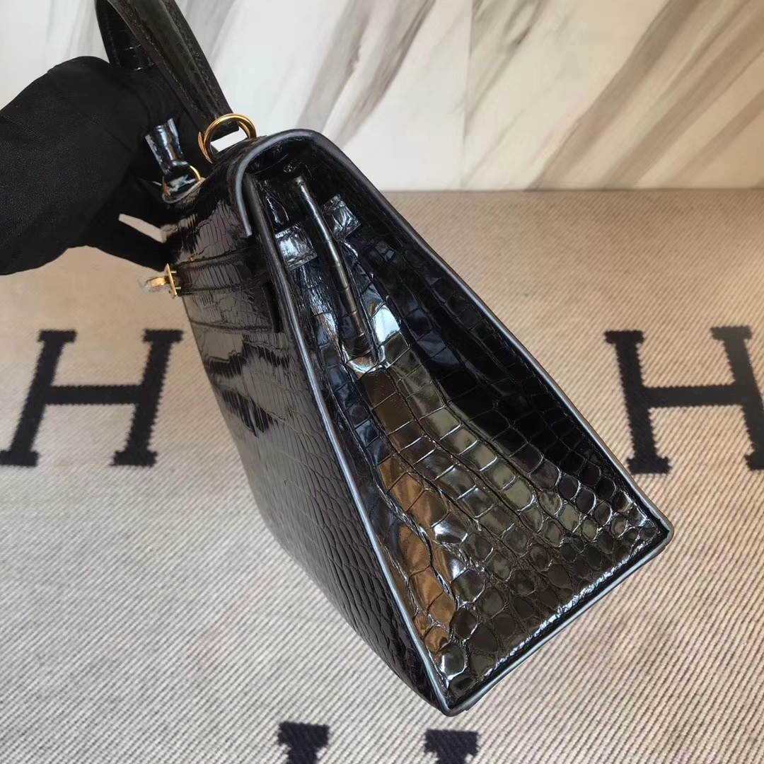 Hermès（爱马仕）Kelly25cm Porosus shiny 亮面澳洲湾鳄  ck89 黑色  金扣