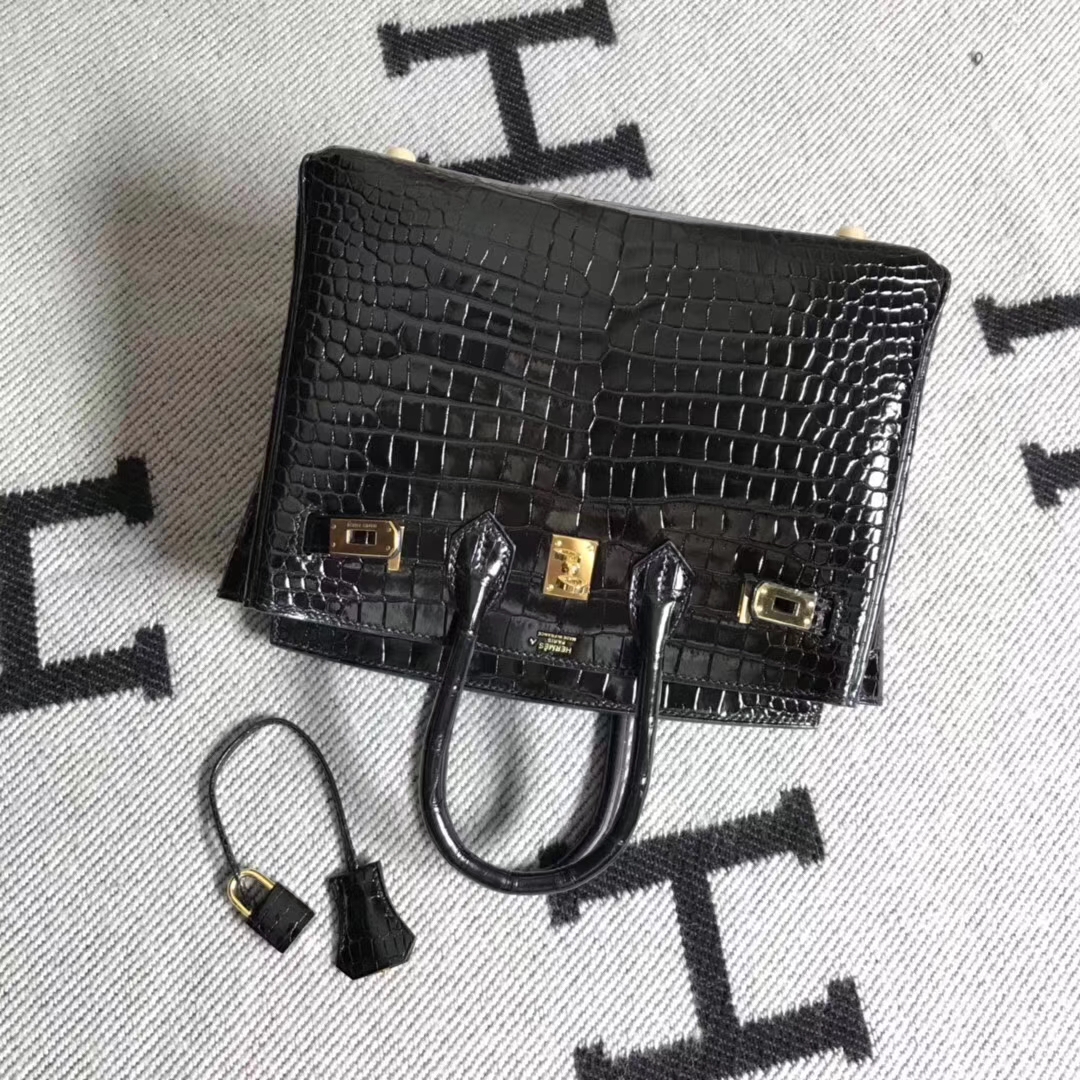 Hermès（爱马仕）亮面湾鳄鱼倒V birkin 25 经典黑金