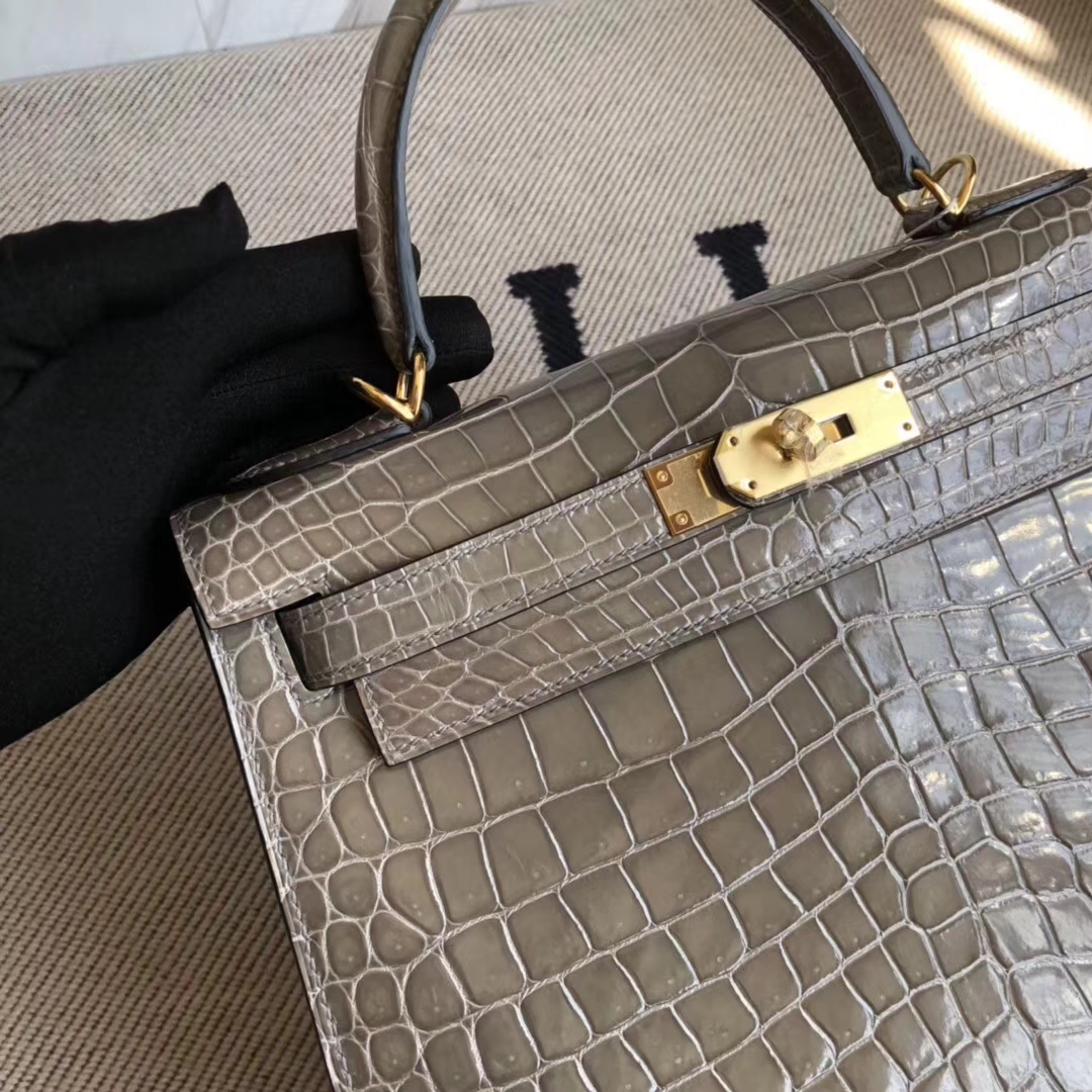 Hermès（爱马仕）Kelly28cm Porosus shiny 亮面澳洲湾鳄鳄鱼 ck81 斑鸠灰 Gris T 金扣
