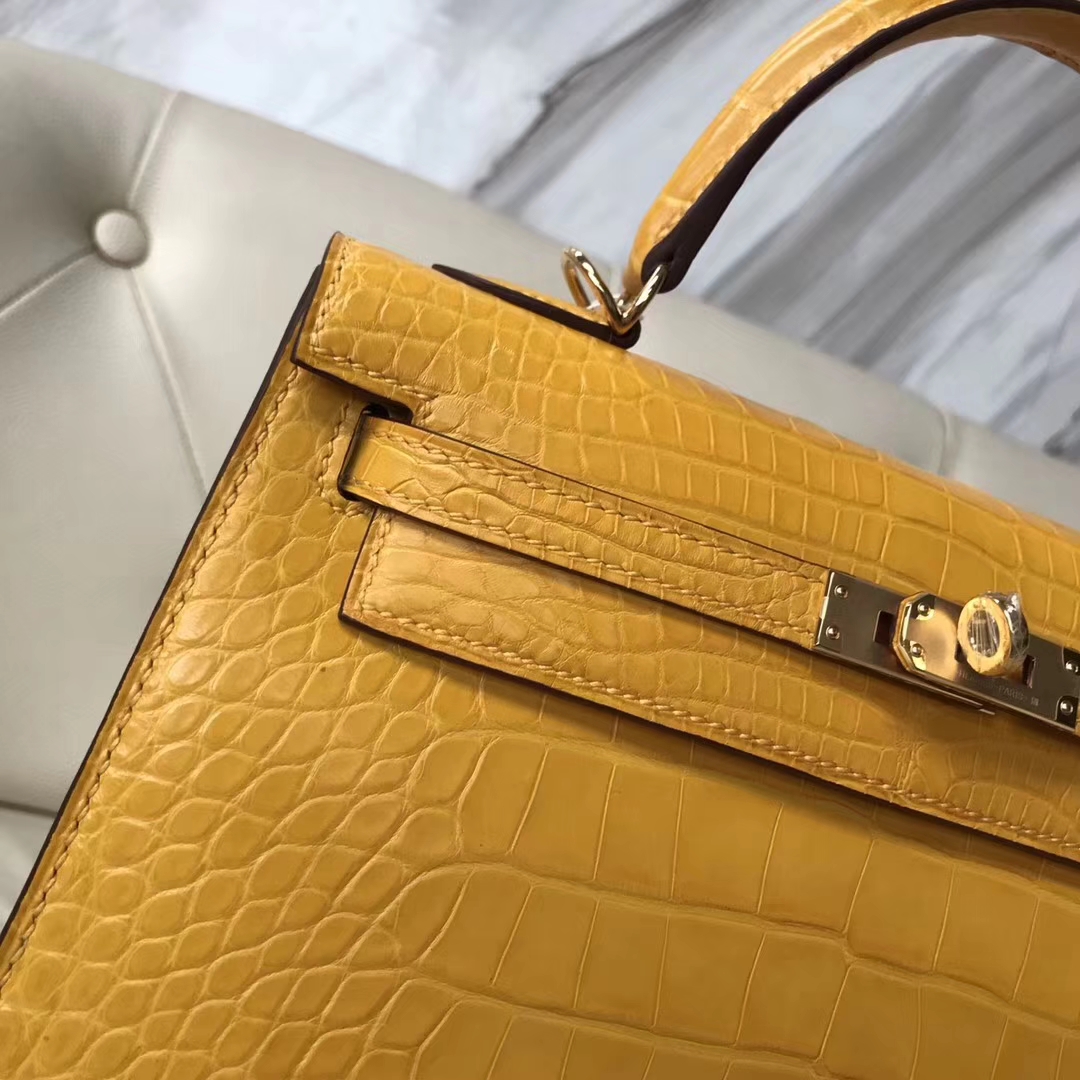 Hermès（爱马仕）Kelly25cm Matt alligator crocodile 9D琥珀黄 顶级工艺 全手工蜜蜡线缝 金扣