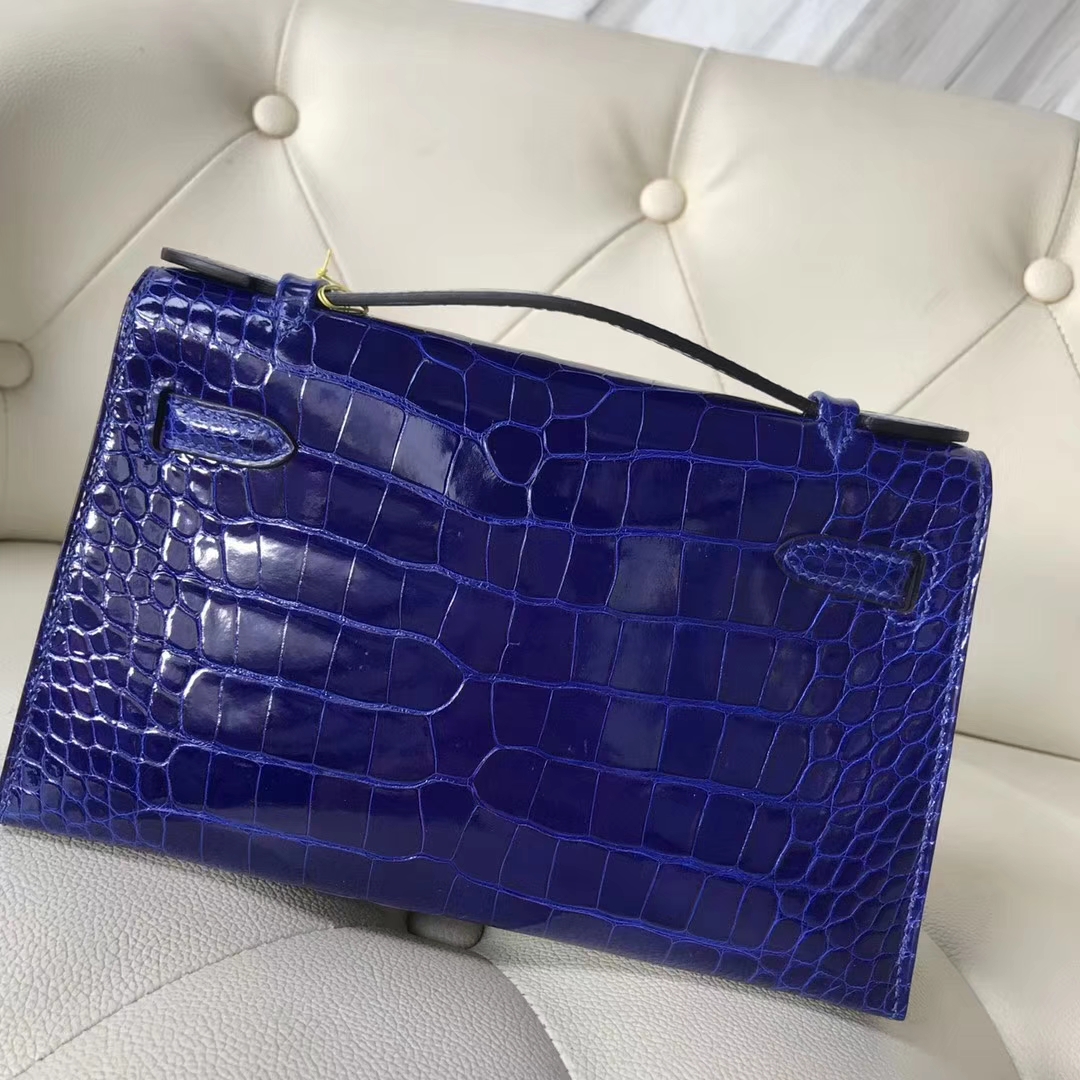 Hermès（爱马仕）Minikelly pochette Alligator shiny 亮面鳄鱼7T 电光蓝 Blue eletric 银扣  手抓包 晚宴包