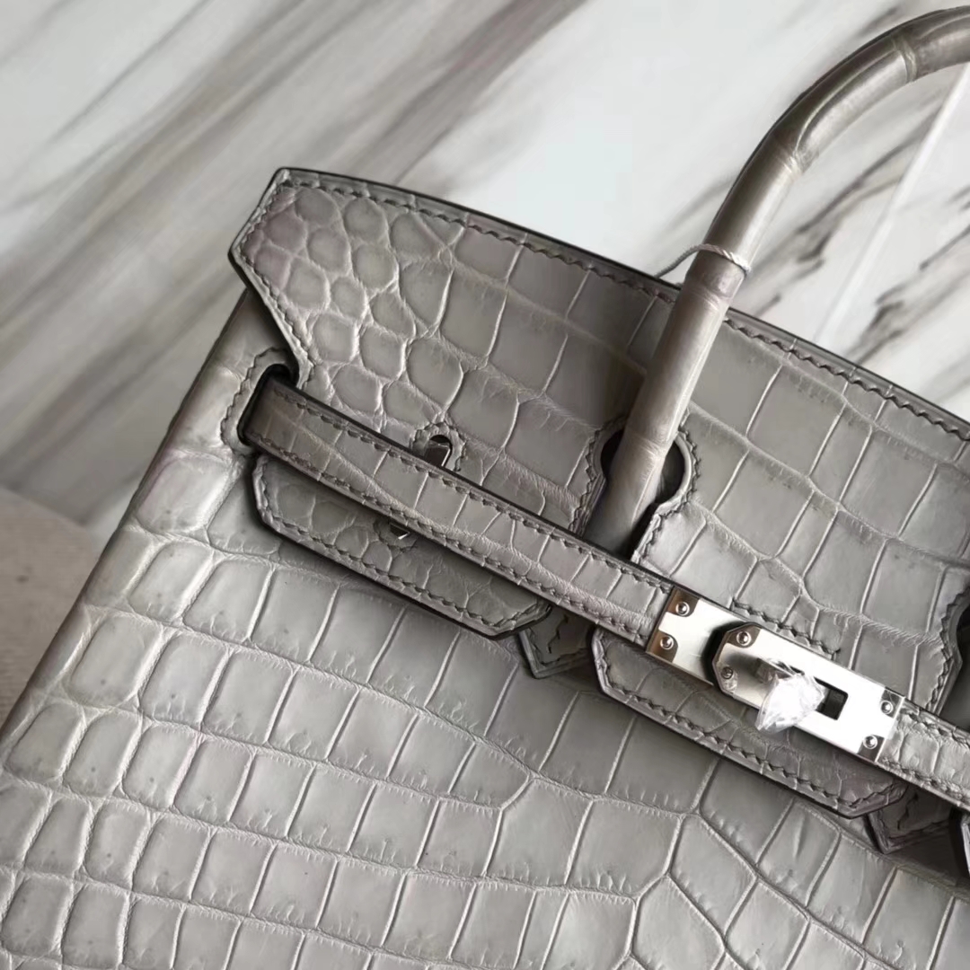 Hermès（爱马仕）Birkin25cm Crocodile matt 雾面鳄鱼 M8 巴黎灰 公路灰 银扣