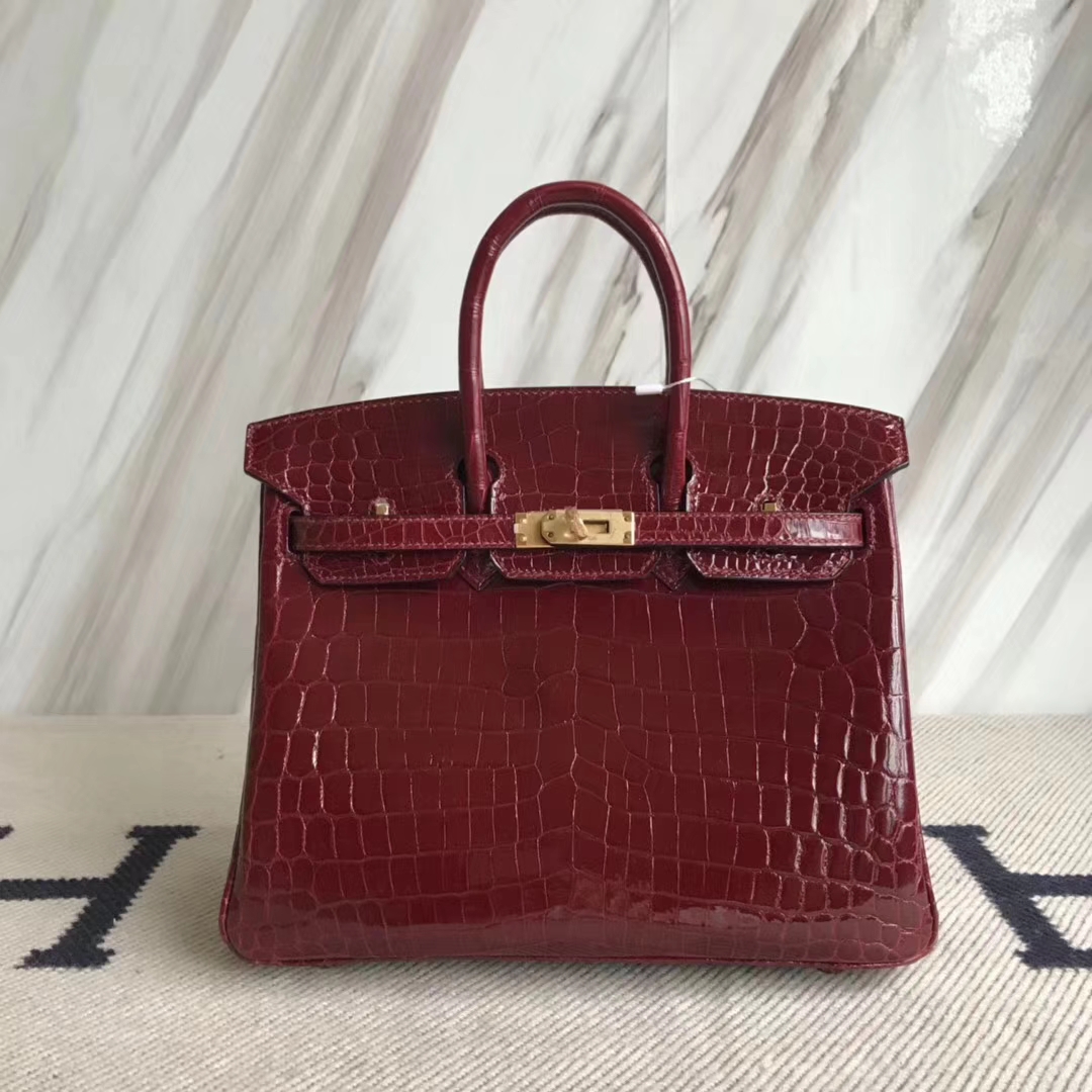 Hermès（爱马仕）Birkin25cm Crocodile shiny 亮面鳄鱼 F5 勃艮第酒红 新酒红 金扣