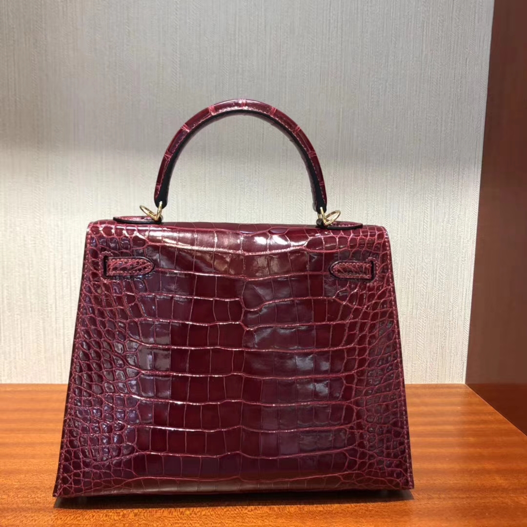 Hermès（爱马仕）Kelly 25 shiny alligator crocodile F5勃艮第酒红 蜡线全手工 金扣