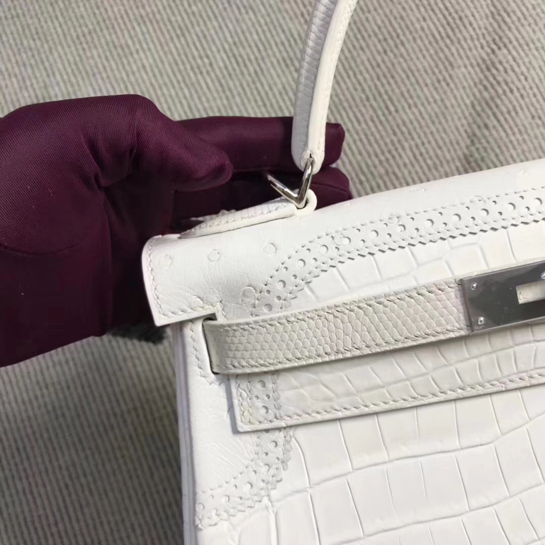 Hermès（爱马仕）蕾丝款 kelly 28cm 白色鳄鱼蜥蜴&鸵鸟三拼色 超级漂亮