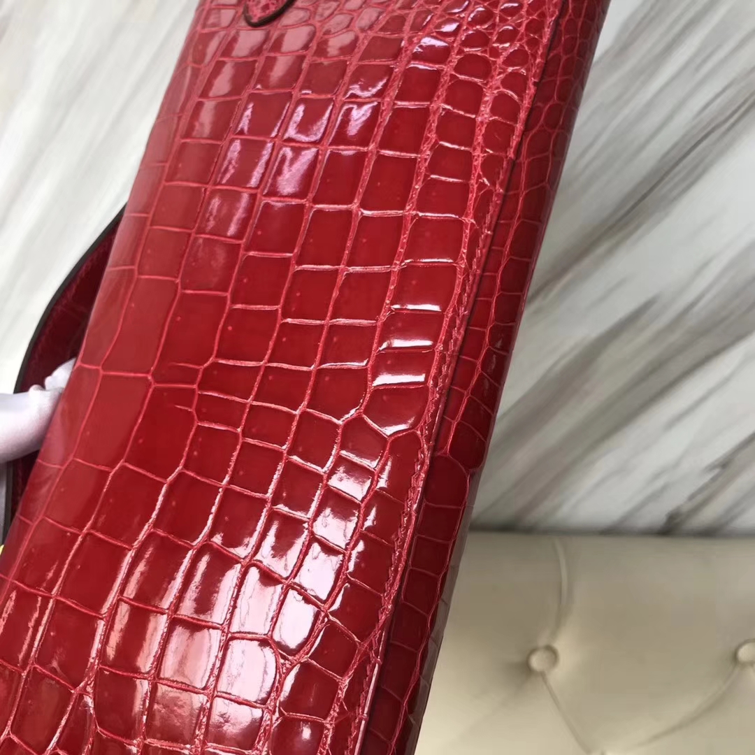 Hermès（爱马仕）Kelly cut 31cm Porosus shiny 亮面澳洲湾鳄 ck95 法拉利红 Braise 金扣