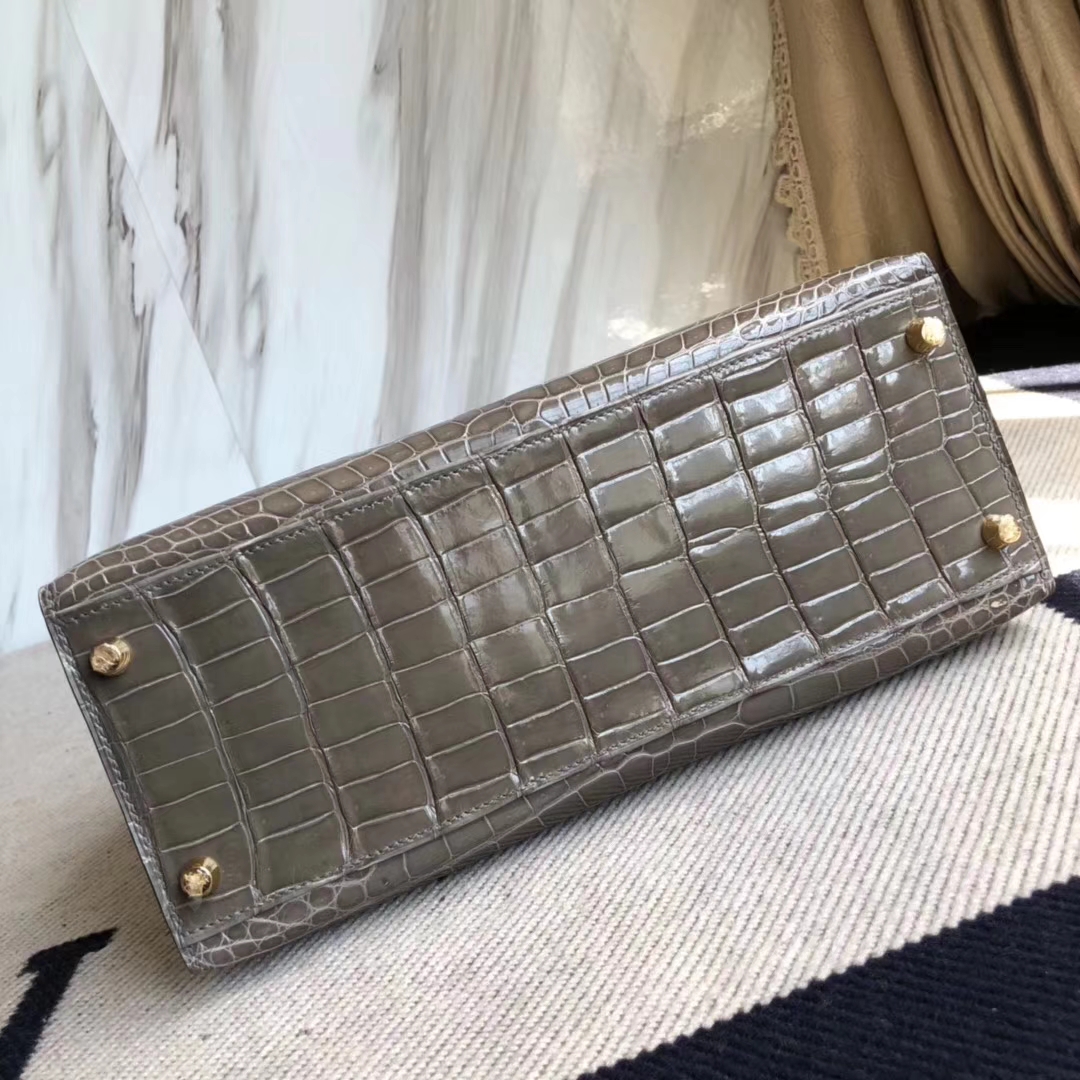 Hermès（爱马仕）Kelly28cm Porosus shiny 亮面澳洲湾鳄鳄鱼 ck81 斑鸠灰 Gris T 金扣