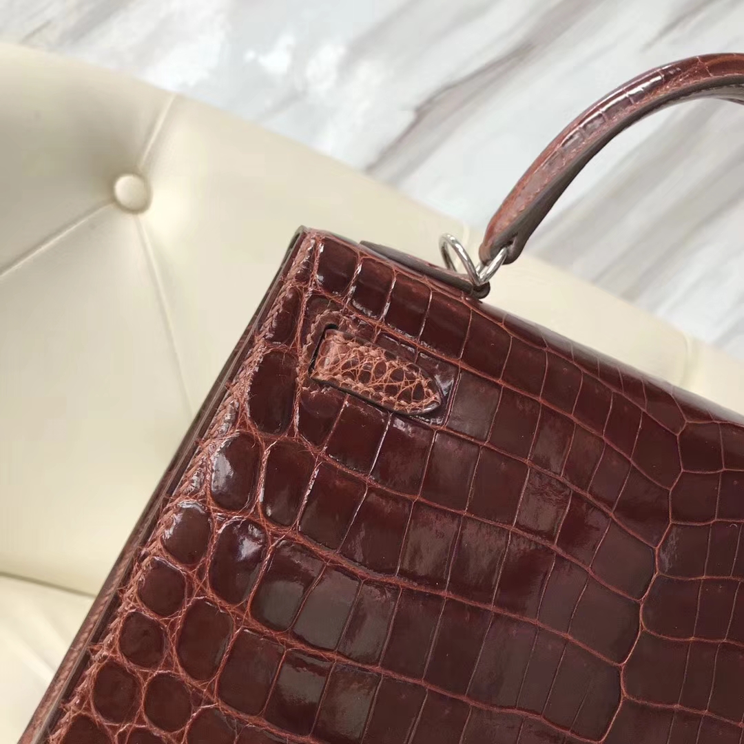 Hermès（爱马仕）kelly25cm Crocodile shiny 亮面鳄鱼 ck31 蜜糖棕 miel 银扣