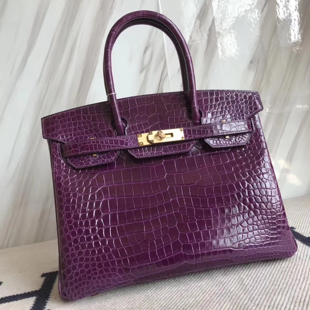 Hermès（爱马仕）Birkin30cm Porosus shiny 亮面澳洲湾鳄 9G 紫水晶 金扣 品相超赞 现货