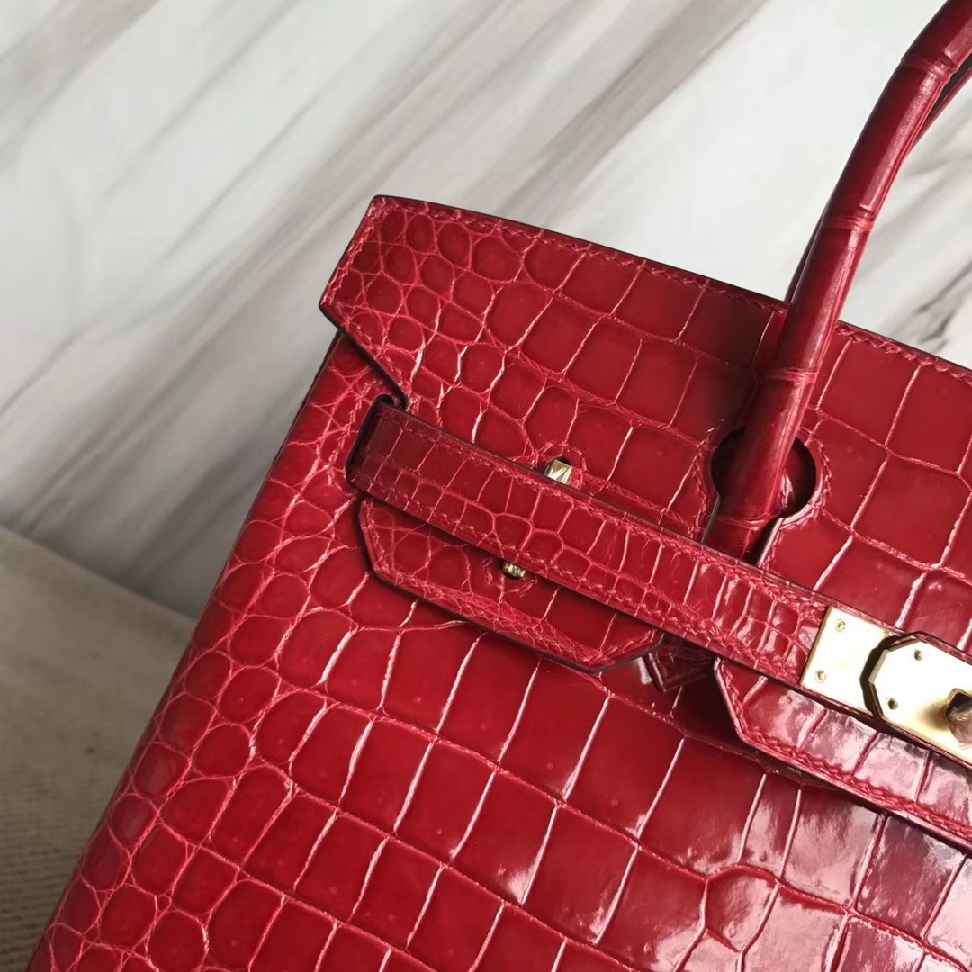 Hermès（爱马仕）Birkin30cm Porosus shiny 亮面澳洲湾鳄  ck95 法拉利红 Braise 金扣