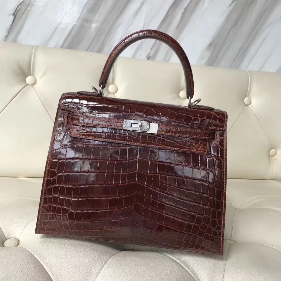 Hermès（爱马仕）kelly25cm Crocodile shiny 亮面鳄鱼 ck31 蜜糖棕 miel 银扣