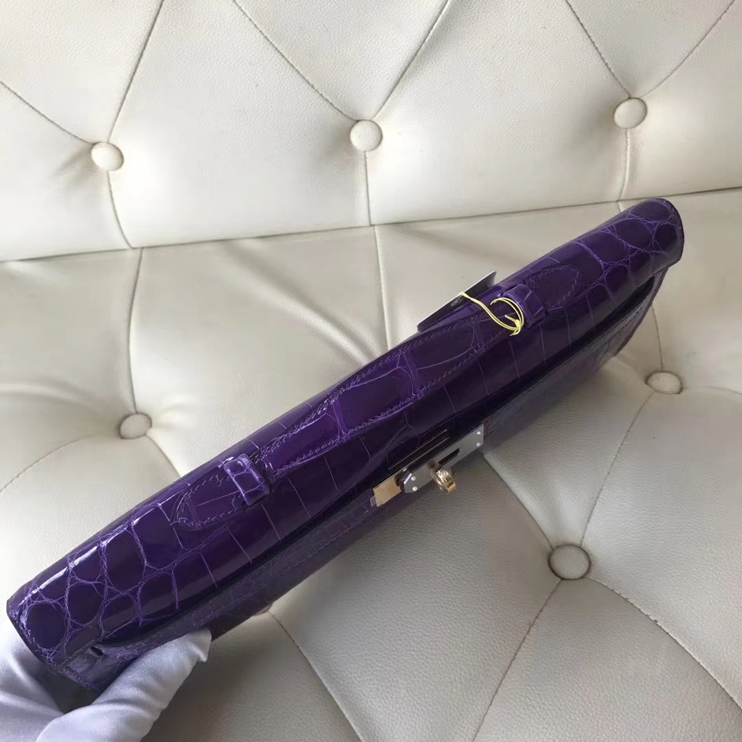 Hermès（爱马仕）kelly cut 31cm Crocodile shiny 亮面鳄鱼 5L 极度紫 金扣