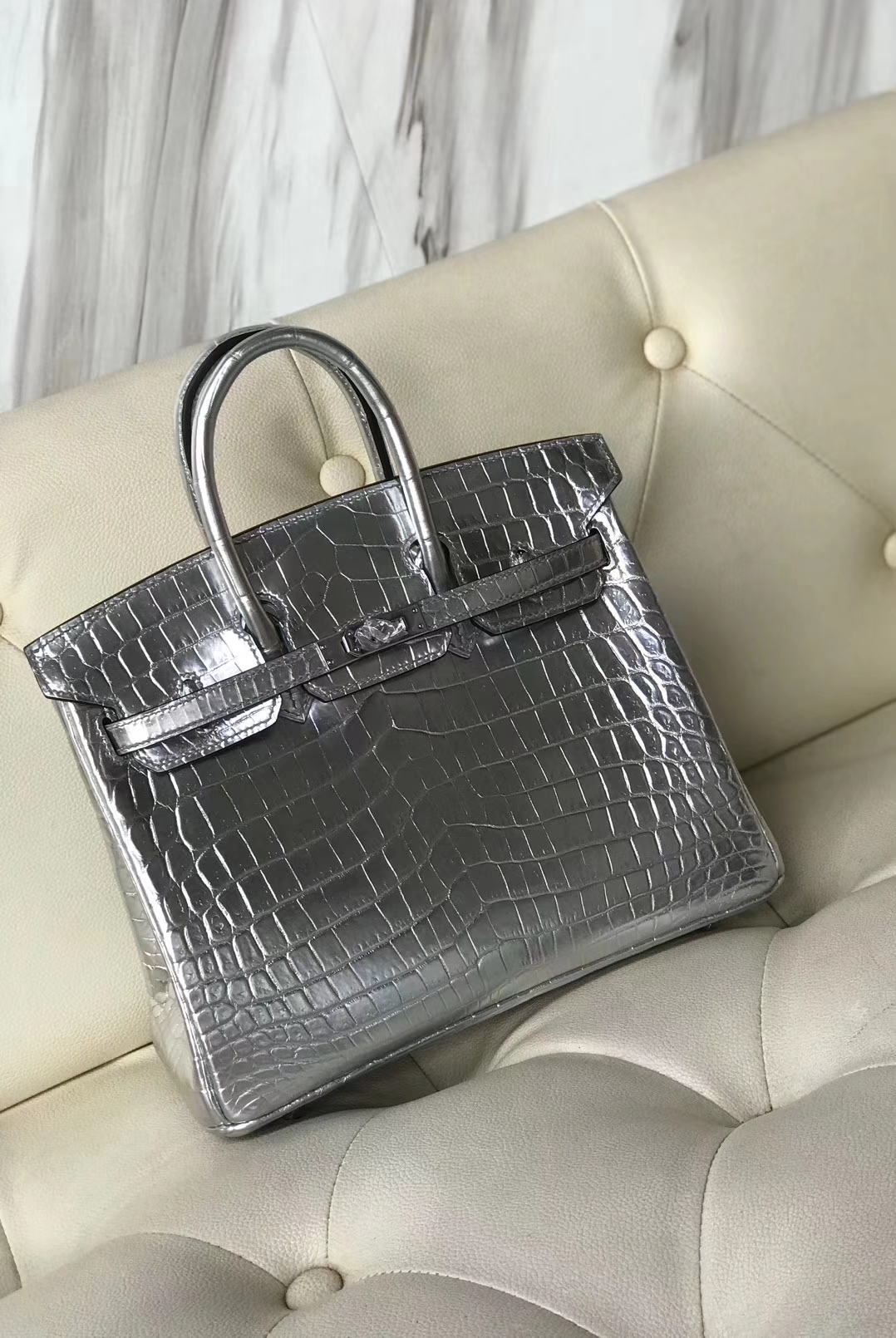 Hermès（爱马仕）Birkin25cm Crocodile shiny 银色亮面鳄鱼 银扣