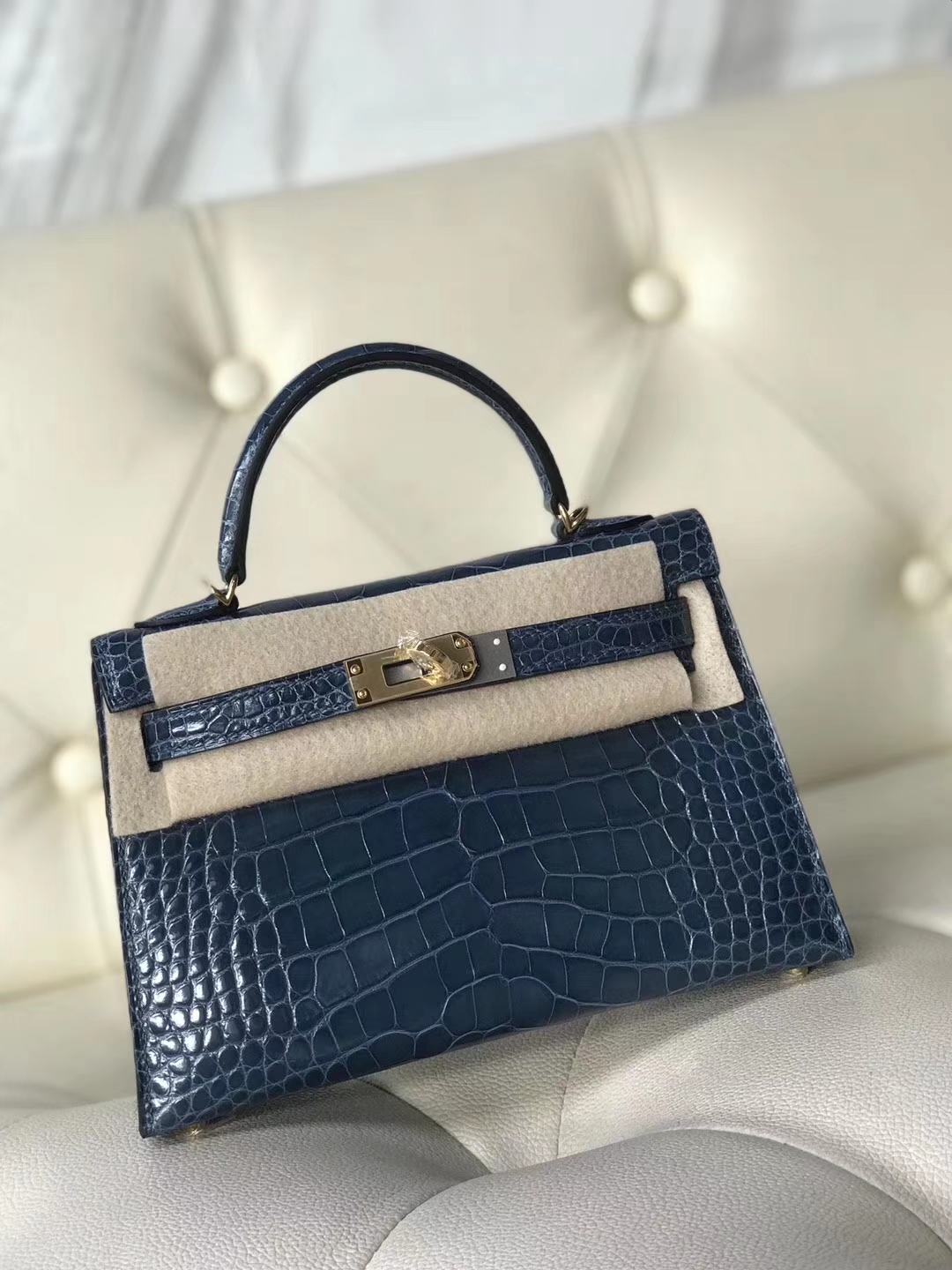 Hermès（爱马仕）Minikelly ll Alligator  shiny 方块鳄鱼 7N 风暴蓝 银扣