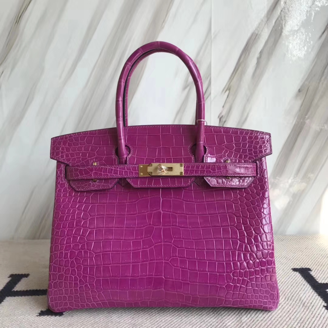 Hermès（爱马仕）Birkin30cm Porosus shiny 亮面澳洲湾鳄  L3 玫瑰紫 rose purple金扣