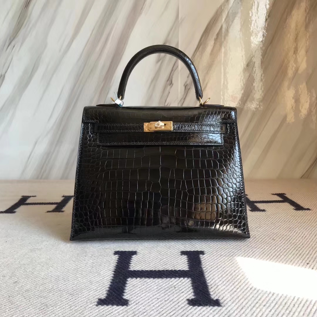 Hermès（爱马仕）Kelly25cm Porosus shiny 亮面澳洲湾鳄  ck89 黑色  金扣