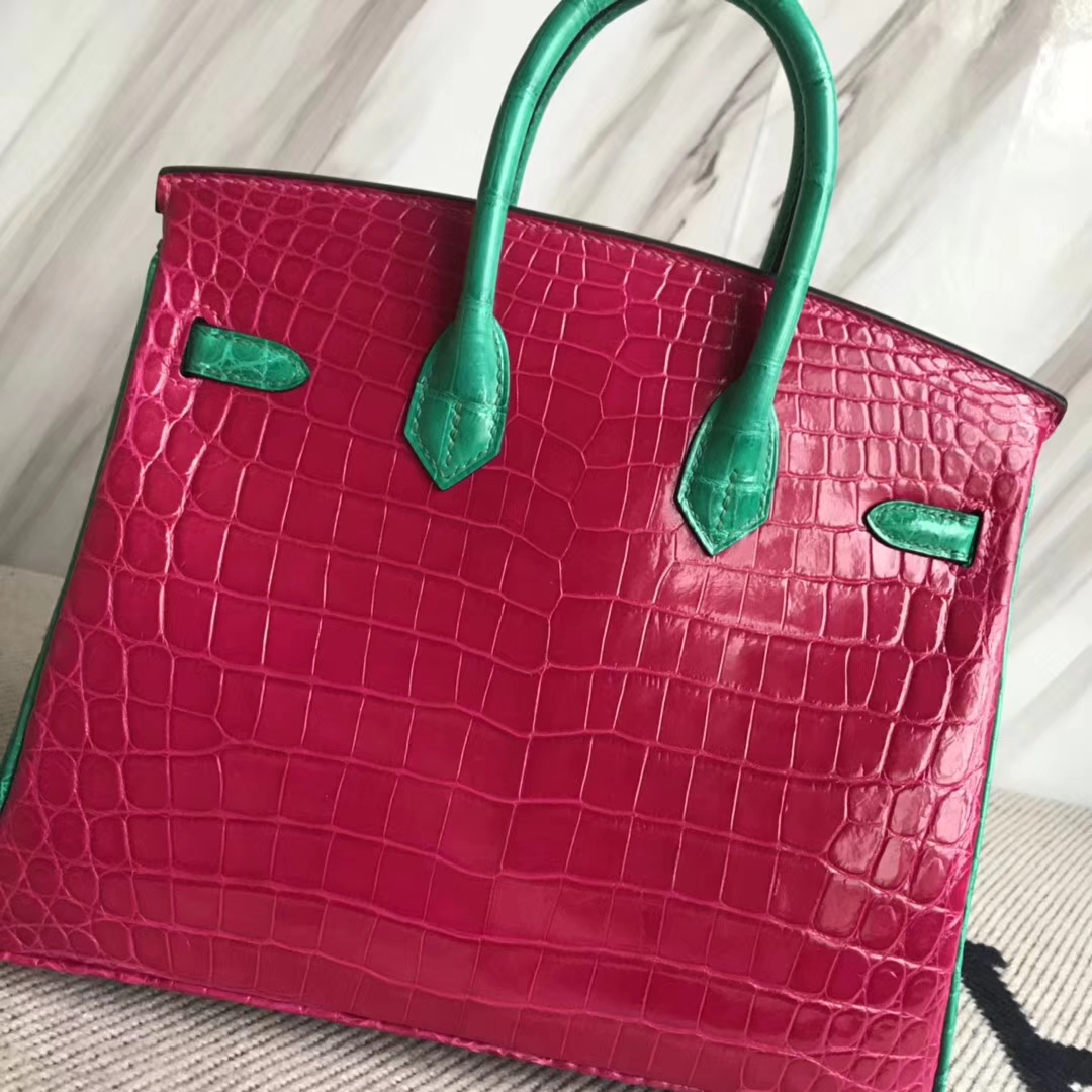 Hermès（爱马仕）Birkin25cm Crocodile  shiny 亮面鳄鱼 J5 天方夜谭粉拼翡翠绿 马蹄印 金扣