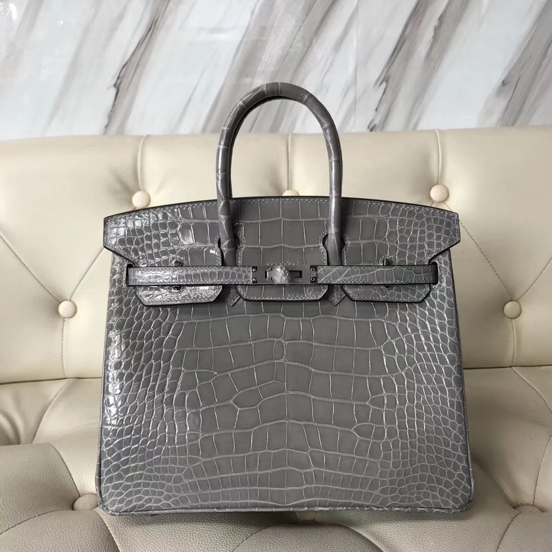 Hermès（爱马仕）Birkin25cm Alligator shiny亮面鳄鱼 浅灰 银扣 气质灰 现货
