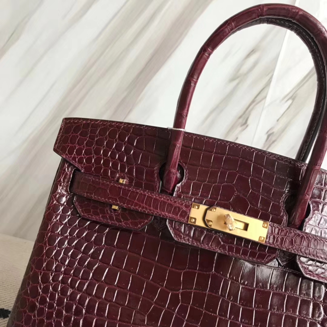 Hermès（爱马仕）Birkin30cm Porosus shiny 亮面澳洲湾鳄  ck57 波尔多酒红 Bordeaux 金扣 现货