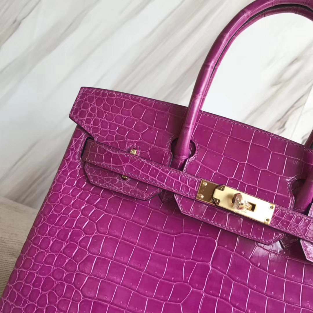 Hermès（爱马仕）Birkin30cm Porosus shiny 亮面澳洲湾鳄  L3 玫瑰紫 rose purple金扣