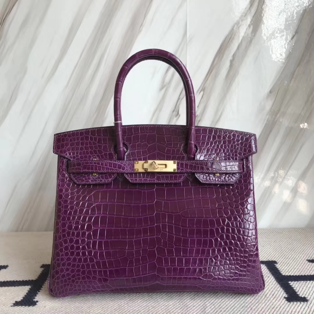 Hermès（爱马仕）Birkin30cm Porosus shiny 亮面澳洲湾鳄 9G 紫水晶 金扣 品相超赞 现货