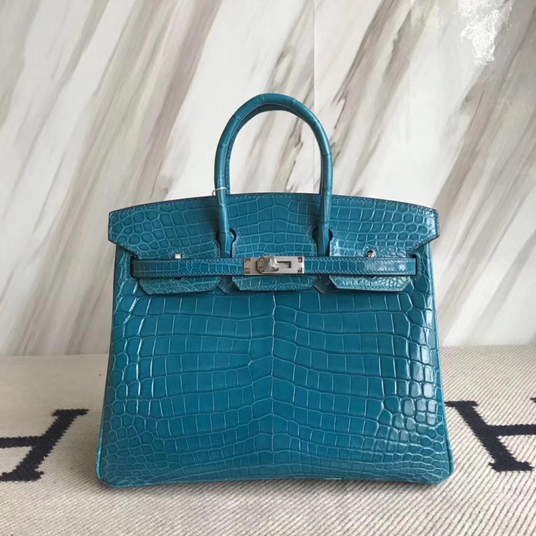 Hermès（爱马仕）Birkin25cm Crocodile shiny 亮面鳄鱼 7w 伊兹密尔蓝 Blue izmir 银扣