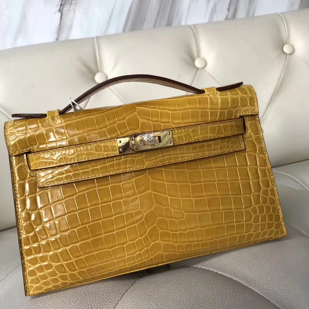 Hermès(爱马仕)Minikelly pochette Alligator shiny 亮面鳄鱼9D 琥珀黄 Ambre 金扣-拉尔森鳄鱼皮具定制 - 爱马仕包包官网 Hermès(爱马仕)Minikelly pochette Alligator shiny 亮面鳄鱼9D 琥珀黄 Ambre 金扣