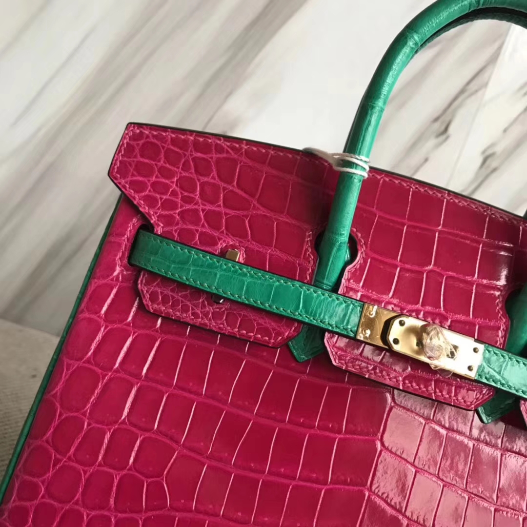 Hermès（爱马仕）Birkin25cm Crocodile  shiny 亮面鳄鱼 J5 天方夜谭粉拼翡翠绿 马蹄印 金扣