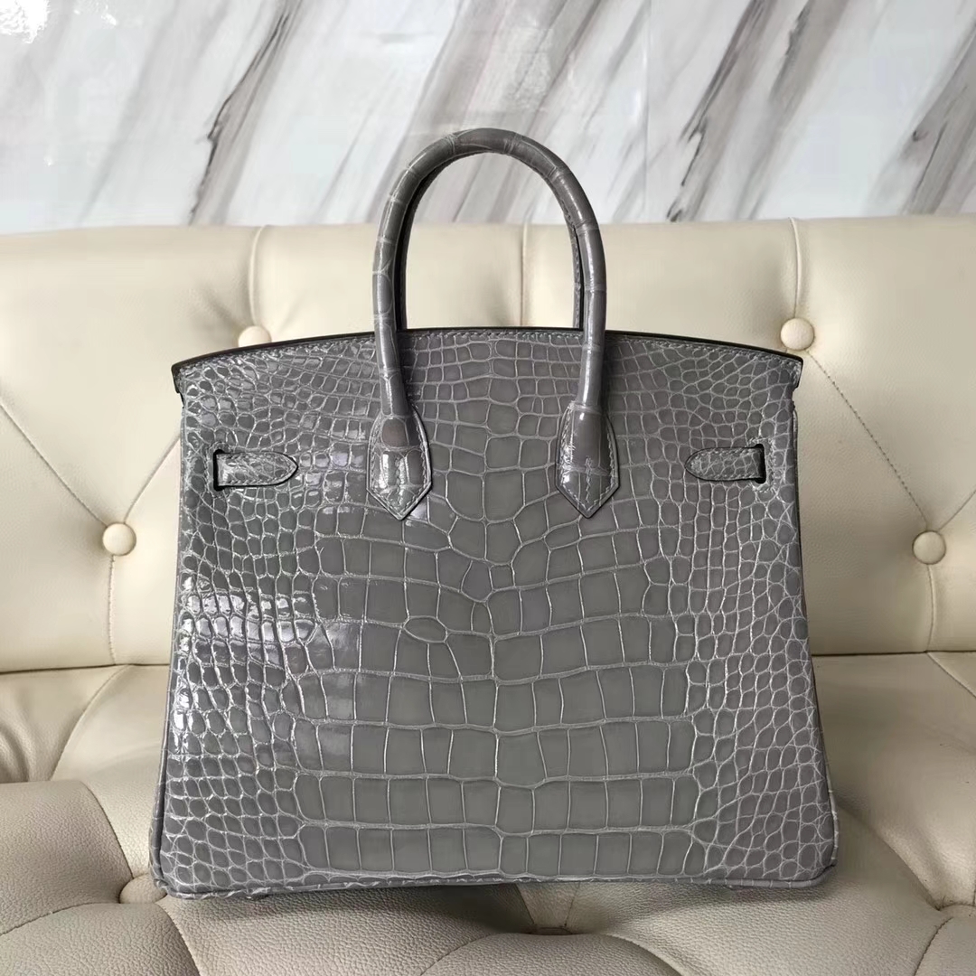 Hermès（爱马仕）Birkin25cm Alligator shiny亮面鳄鱼 浅灰 银扣 气质灰 现货