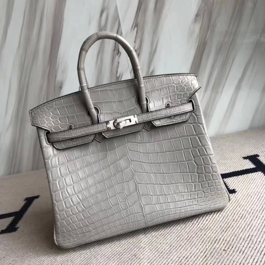 Hermès（爱马仕）Birkin25cm Crocodile matt 雾面鳄鱼 M8 巴黎灰 公路灰 银扣