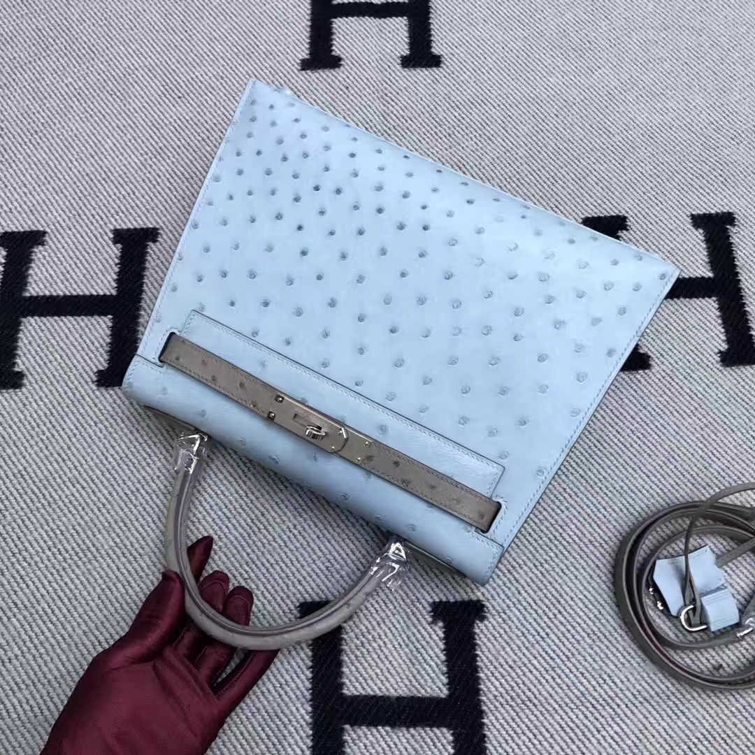 Hermès(爱马仕)南非鸵鸟皮 kelly 28cm 银扣 亚麻蓝拼大象灰-拉尔森鳄鱼皮具定制 - 爱马仕包包官网 Hermès(爱马仕)南非鸵鸟皮 kelly 28cm 银扣 亚麻蓝拼大象灰