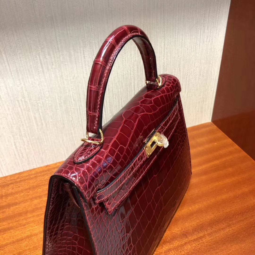 Hermès（爱马仕）Kelly 25 shiny alligator crocodile F5勃艮第酒红 蜡线全手工 金扣