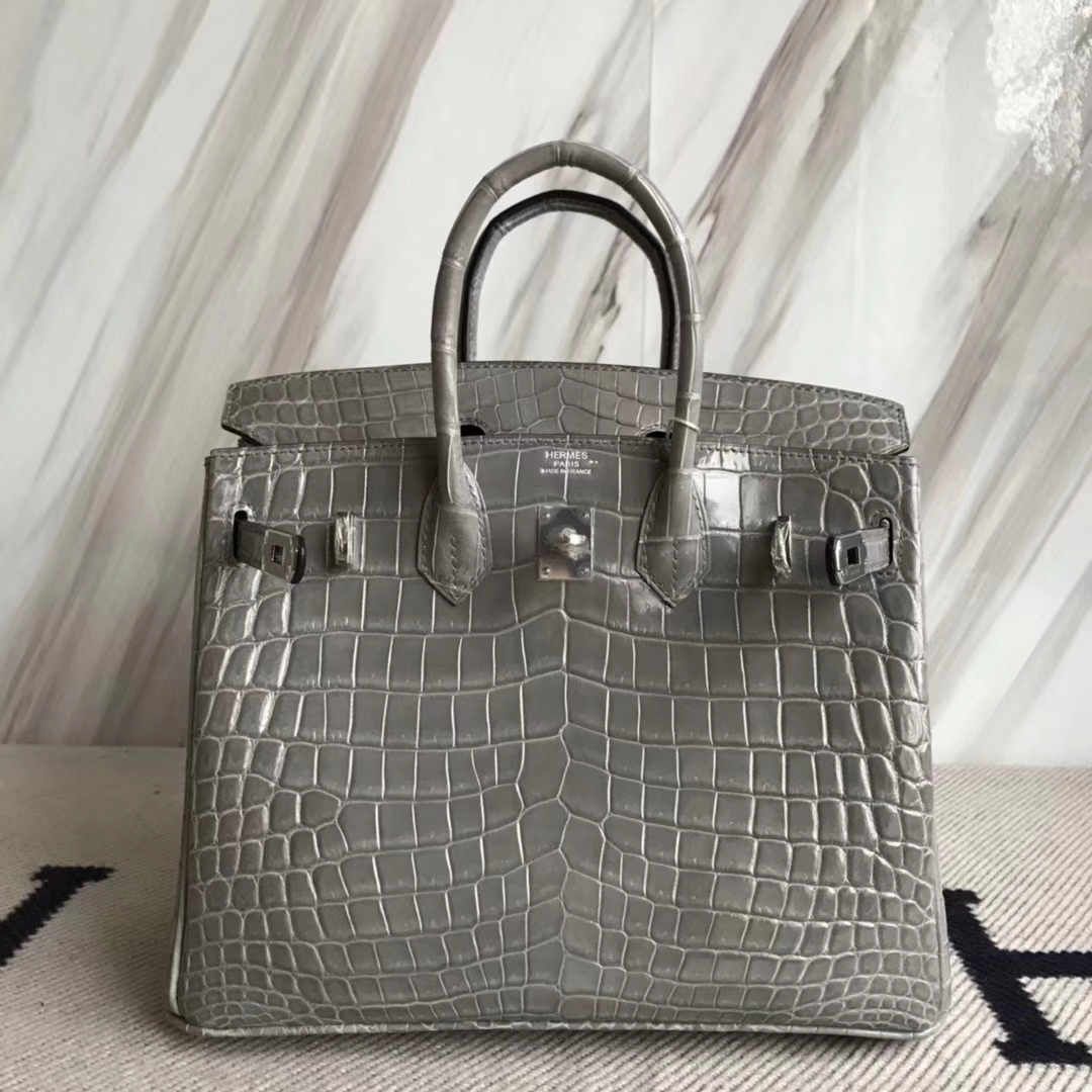 Hermès（爱马仕）Birkin25cm Crocodile shiny 亮面鳄鱼 M8 巴黎灰 银扣
