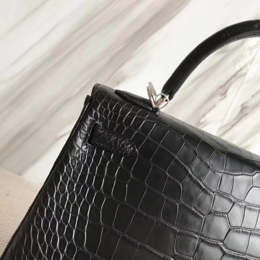 Hermès（爱马仕）Kelly25cm Alligator matt 雾面鳄鱼 ck89 黑色 银扣