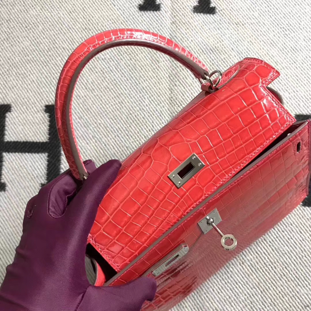Hermès（爱马仕）亮面鳄鱼两点 银扣 法拉利红色