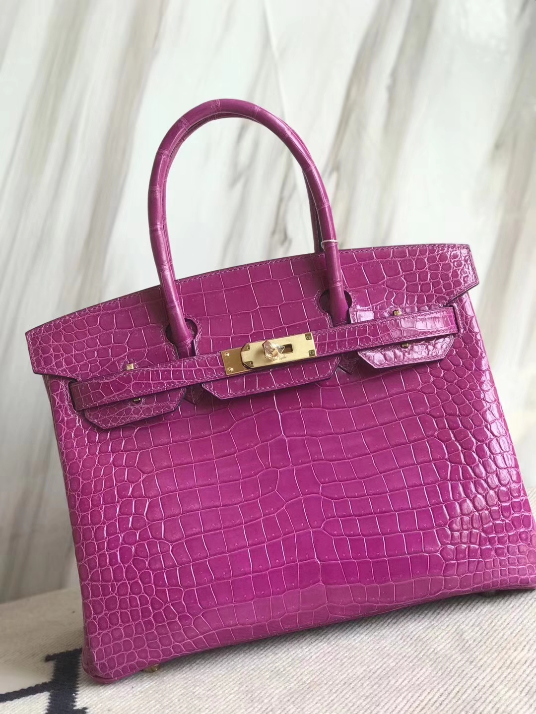 Hermès（爱马仕）Birkin30cm Porosus shiny 亮面澳洲湾鳄  L3 玫瑰紫 rose purple金扣