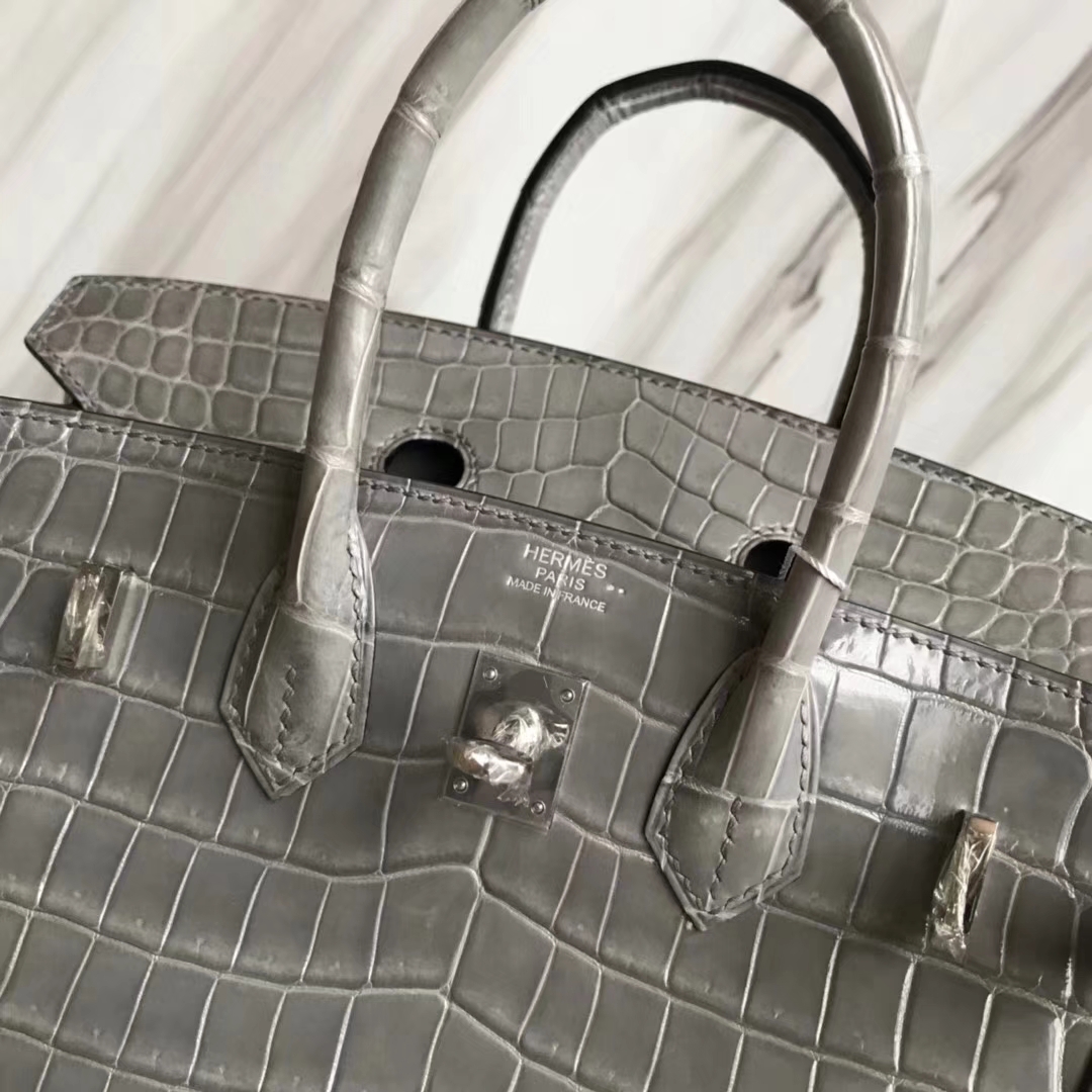 Hermès（爱马仕）Birkin25cm Crocodile shiny 亮面鳄鱼 M8 巴黎灰 银扣