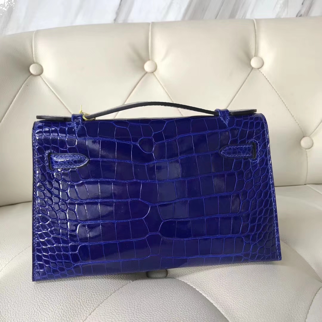 Hermès（爱马仕）Minikelly pochette Alligator shiny 亮面鳄鱼7T 电光蓝 Blue eletric 银扣  手抓包 晚宴包