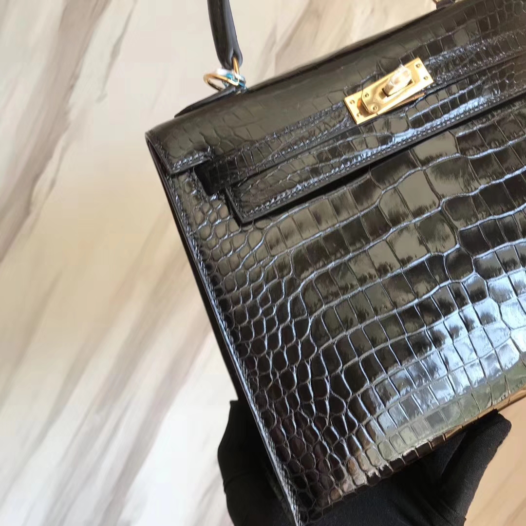 Hermès（爱马仕）Kelly25cm Porosus shiny 亮面澳洲湾鳄  ck89 黑色  金扣