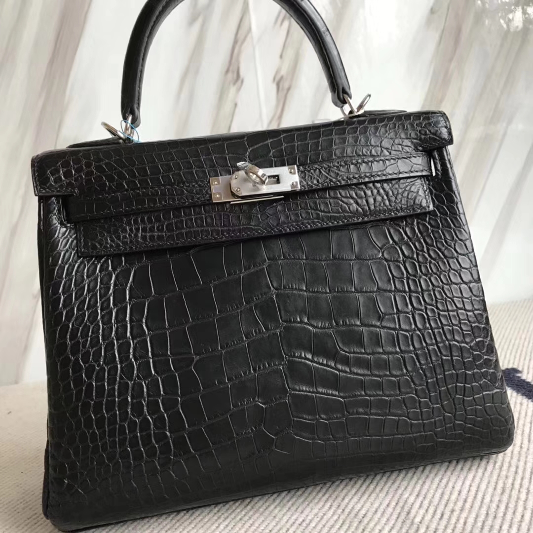 Hermès（爱马仕）Kelly25cm Alligator matt 雾面鳄鱼 ck89 黑色 银扣