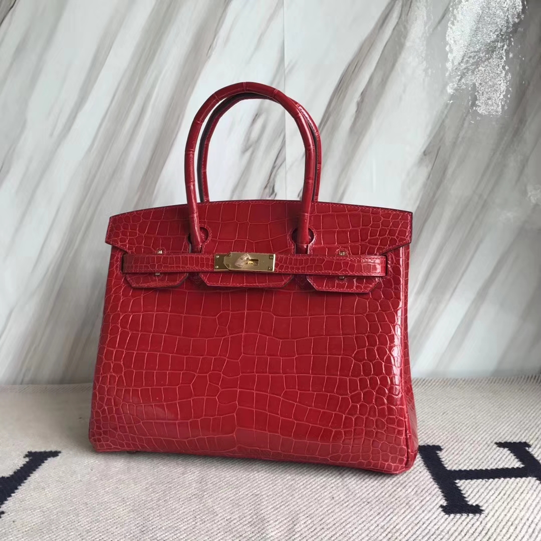 Hermès(爱马仕)Birkin30cm Porosus shiny 亮面澳洲湾鳄 ck95 法拉利红 Braise 金扣-拉尔森鳄鱼皮具定制 - 爱马仕包包官网 Hermès(爱马仕)Birkin30cm Porosus shiny 亮面澳洲湾鳄 ck95 法拉利红 Braise 金扣