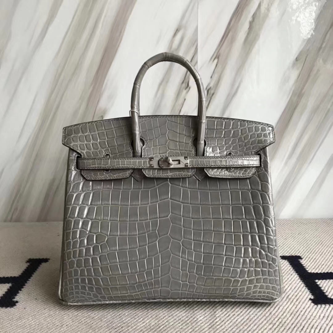 Hermès（爱马仕）Birkin25cm Crocodile shiny 亮面鳄鱼 M8 巴黎灰 银扣