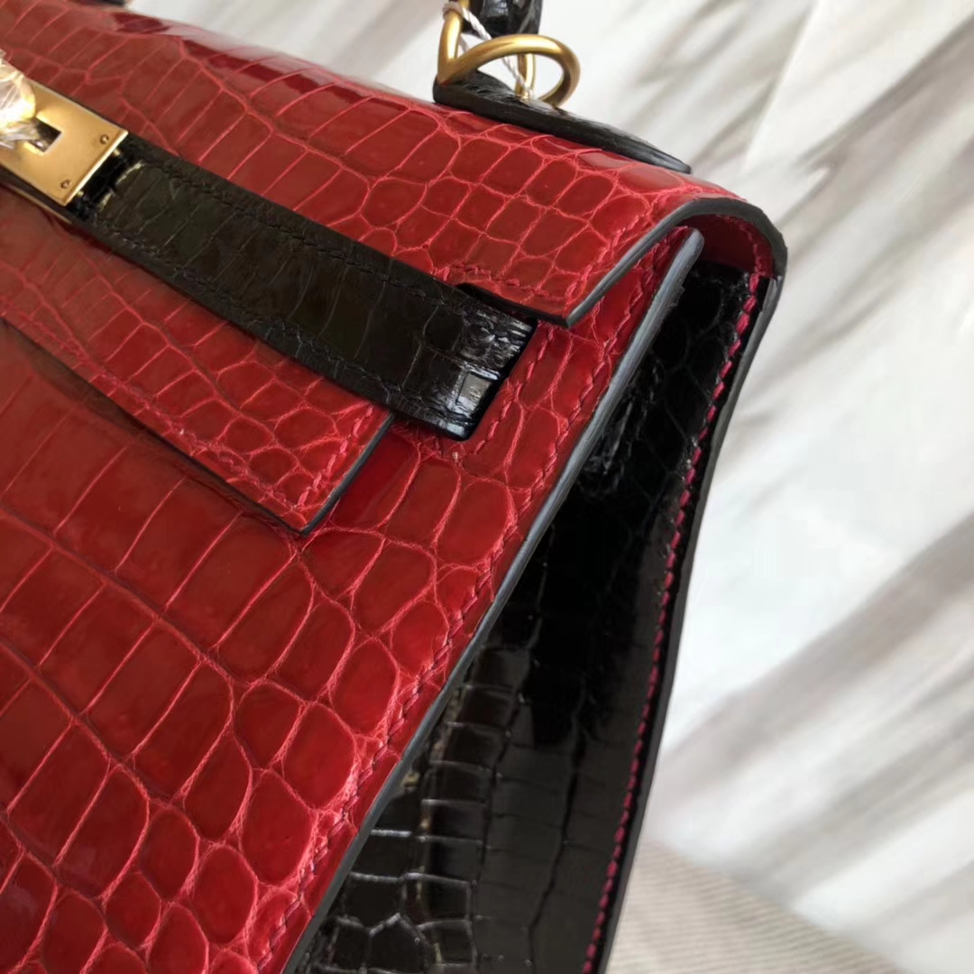 Hermès（爱马仕）Kelly28cm Porosus shiny 亮面 澳洲湾鳄鳄鱼 ck95 法拉利红ck89 黑色  马蹄印金扣