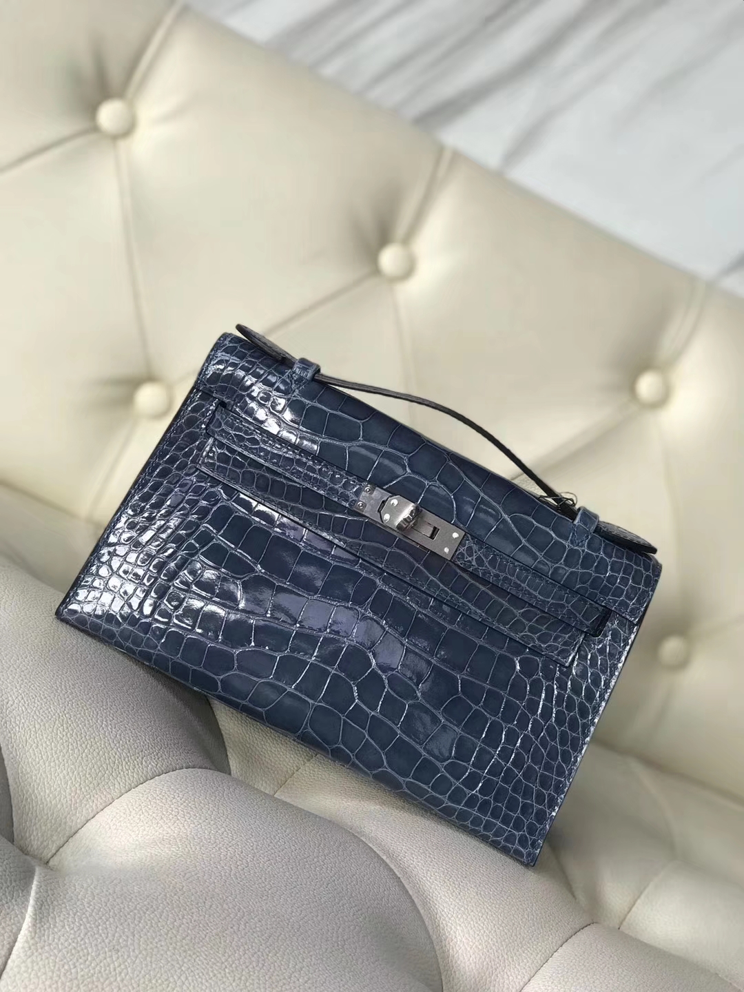 Hermès（爱马仕）Minikelly pochette 22cm Alligator shiny 亮面鳄鱼 7N 风暴蓝 银扣