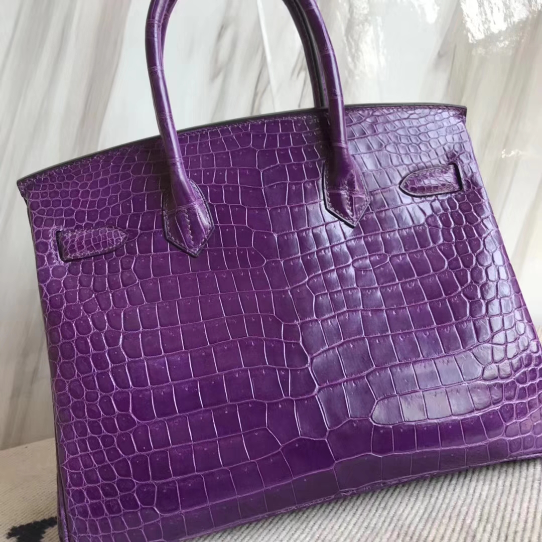 Hermès（爱马仕）Birkin30cm Porosus shiny 亮面澳洲湾鳄  葡萄紫  金扣