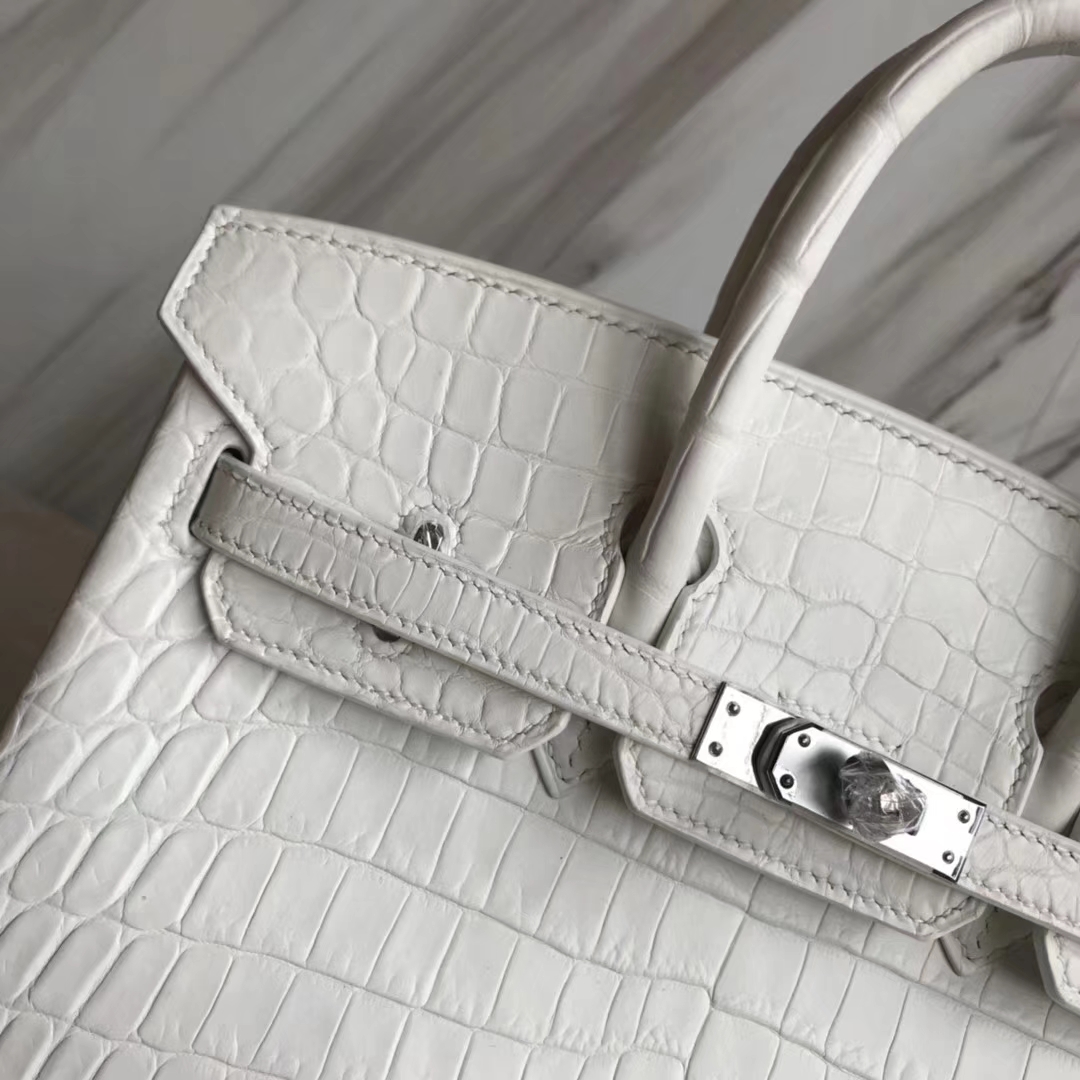 Hermès（爱马仕）Birkin25cm Crocodile matt 雾面鳄鱼 01 纯白 白雪公主 White 银扣