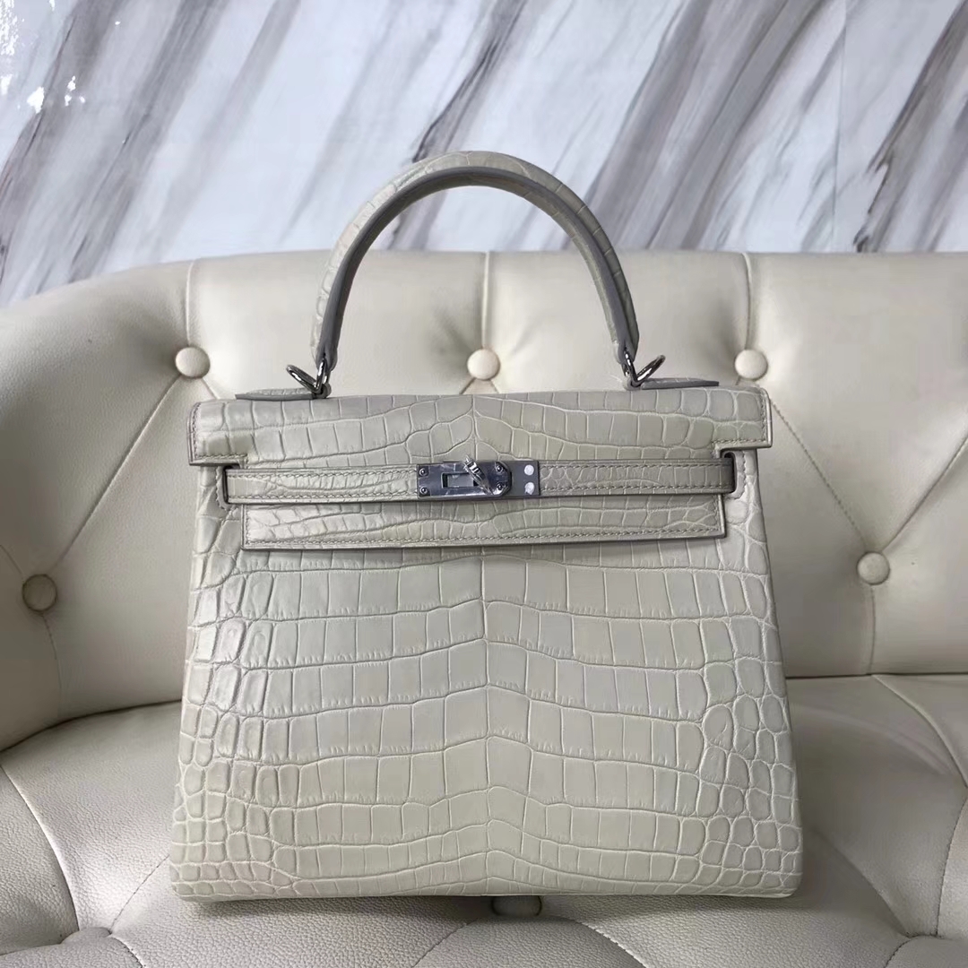Hermès（爱马仕）Kelly25cm Crocodile matt 雾面鳄鱼 8L 奶油白Beton 银扣