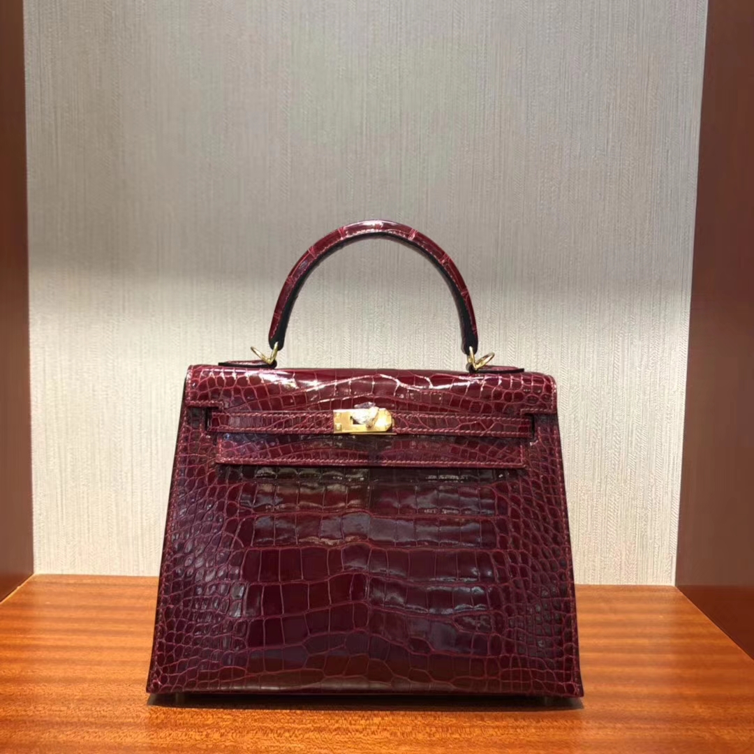 Hermès（爱马仕）Kelly 25 shiny alligator crocodile F5勃艮第酒红 蜡线全手工 金扣